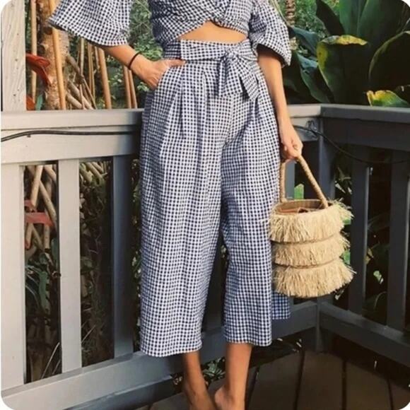 Misa Los Angeles Blue and Black Gingham Wide Leg Crop Pants - Picture 1 of 8